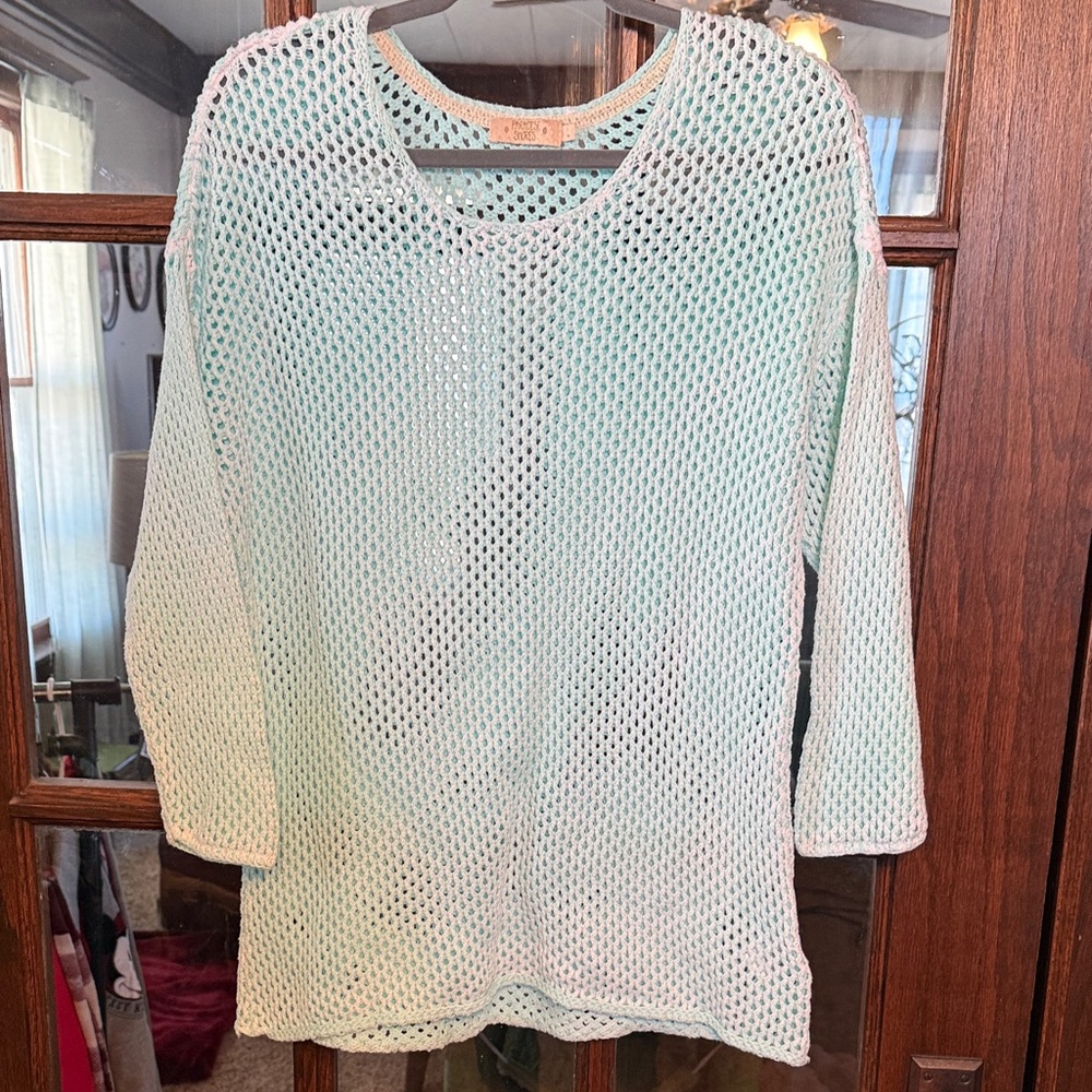 Paradise Shores Womens Mint Green Open Knit Mesh Sweater 3/4 Sleeve Size L